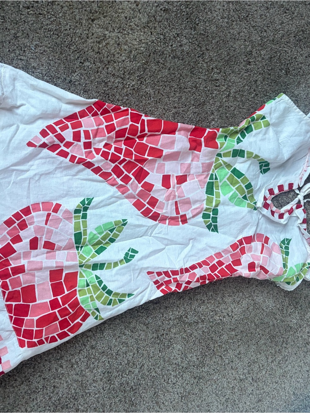 White Mini Dress with Red & Green Mosaic Print